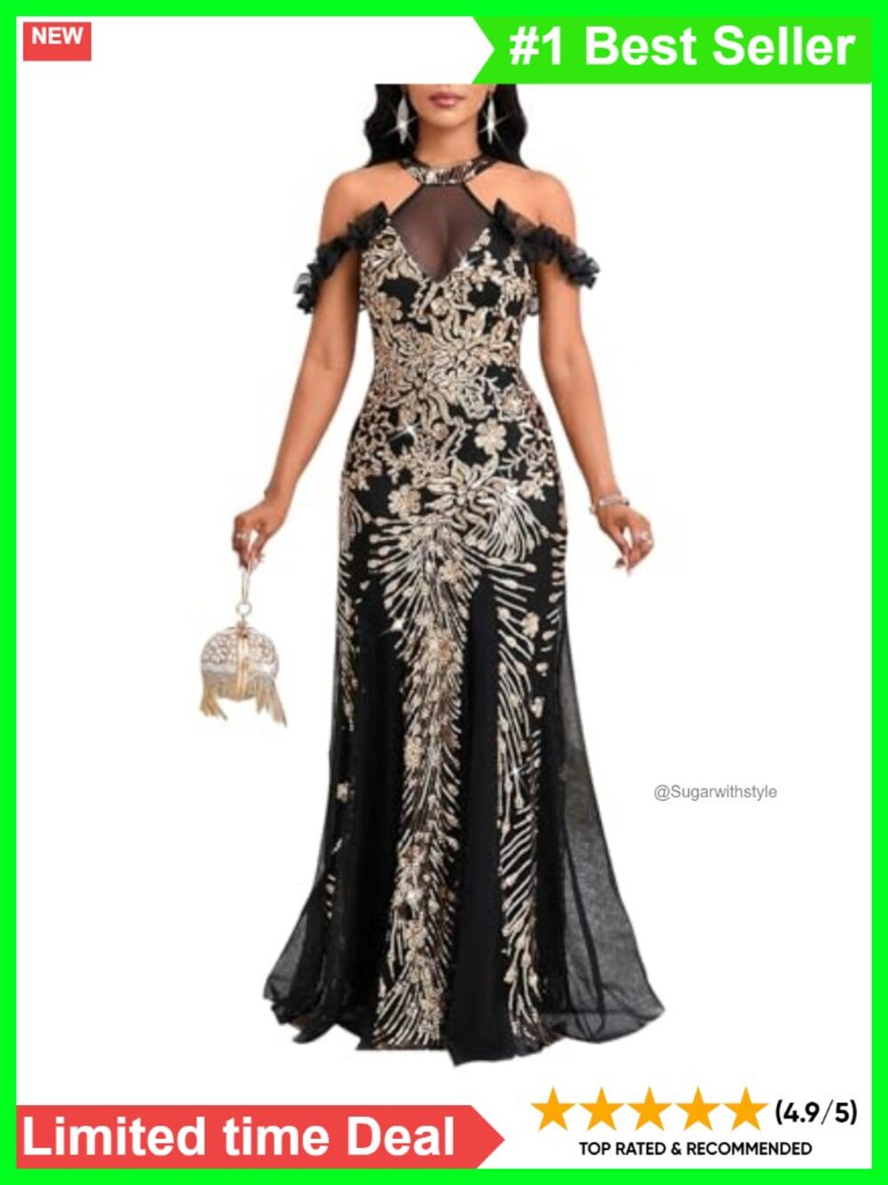 Sequined Halter Mesh Bodycon Formal Maxi Evening Gown Dress